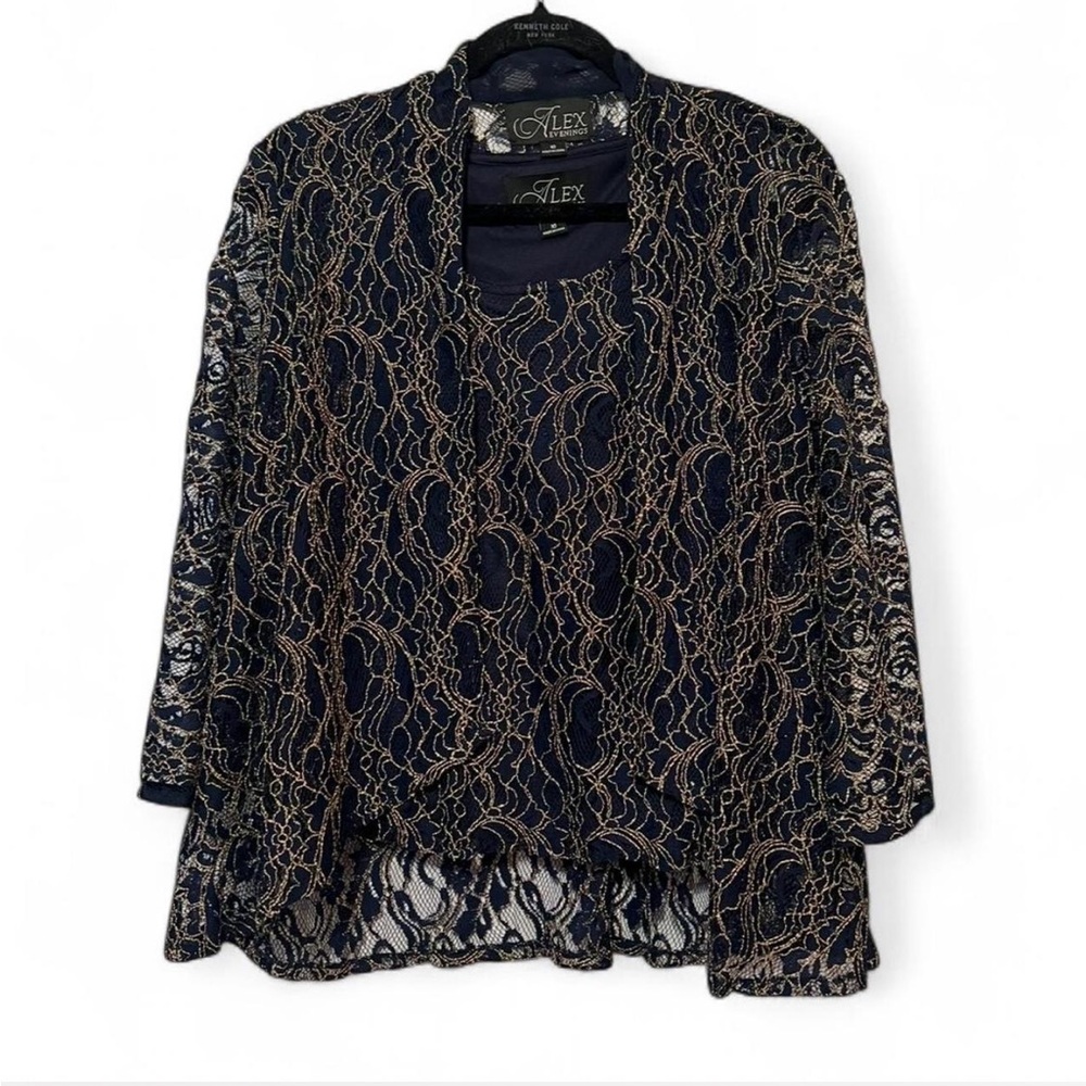Alex Evenings 2 Piece Midnight Blue and Gold Metallic Lace Blouse Size 10